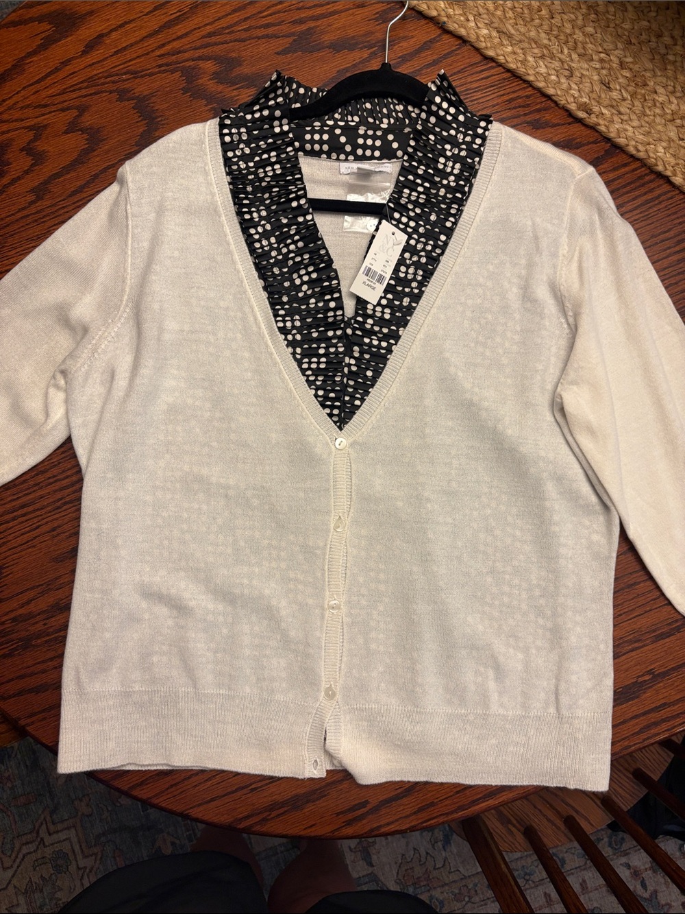 New York & Company Cream V-Neck Cardigan with Black Dot Trim